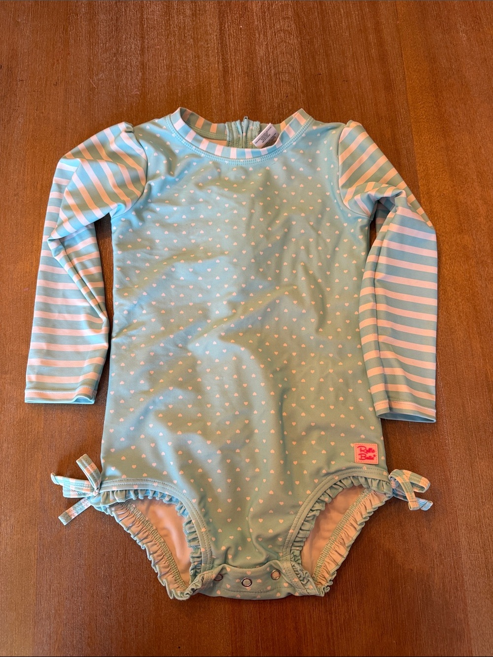 Ruffle Butts Mint and White Heart Long-Sleeve Swim One-Piece